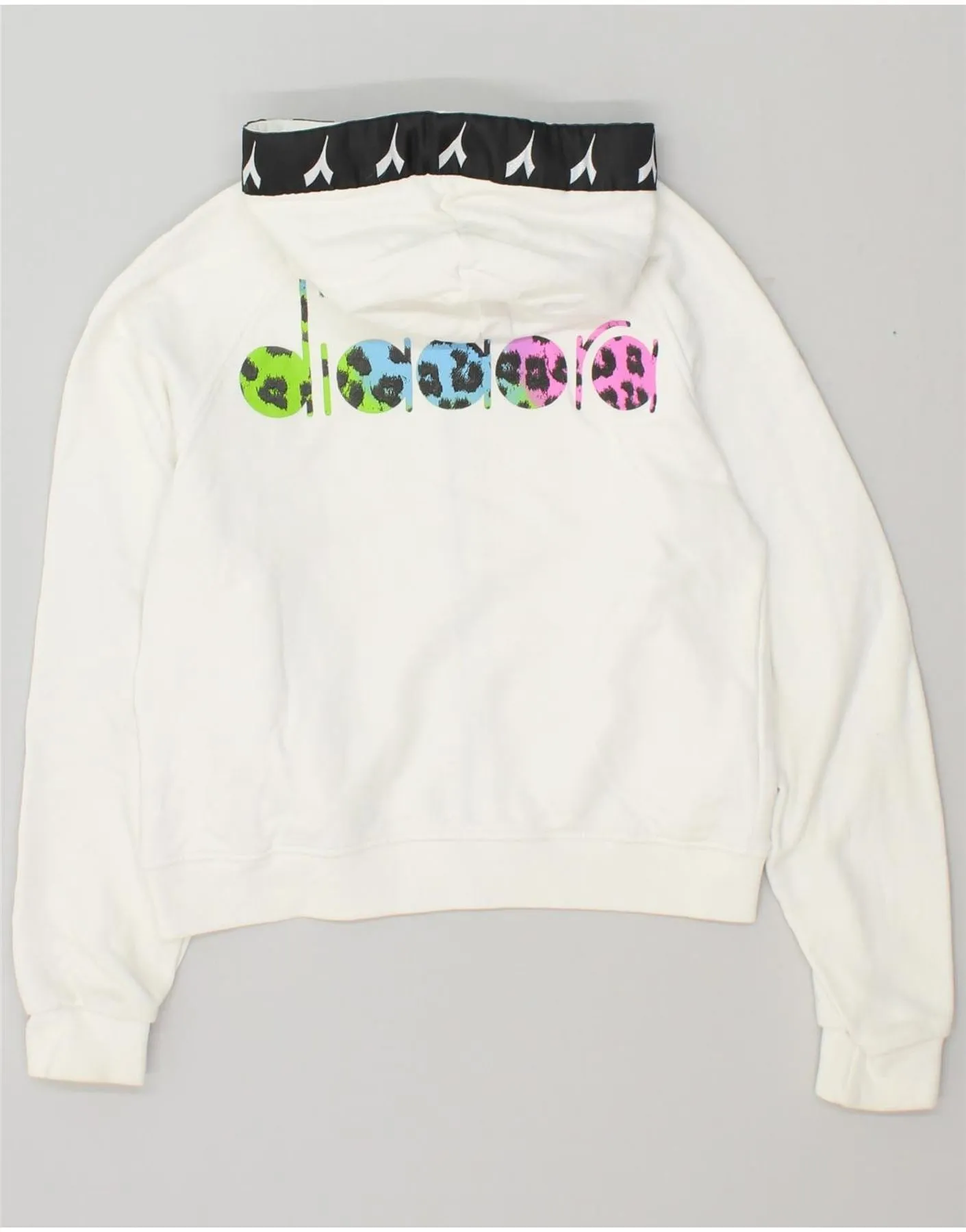 DIADORA Girls Graphic Crop Zip Hoodie Sweater 11-12 Years White Cotton