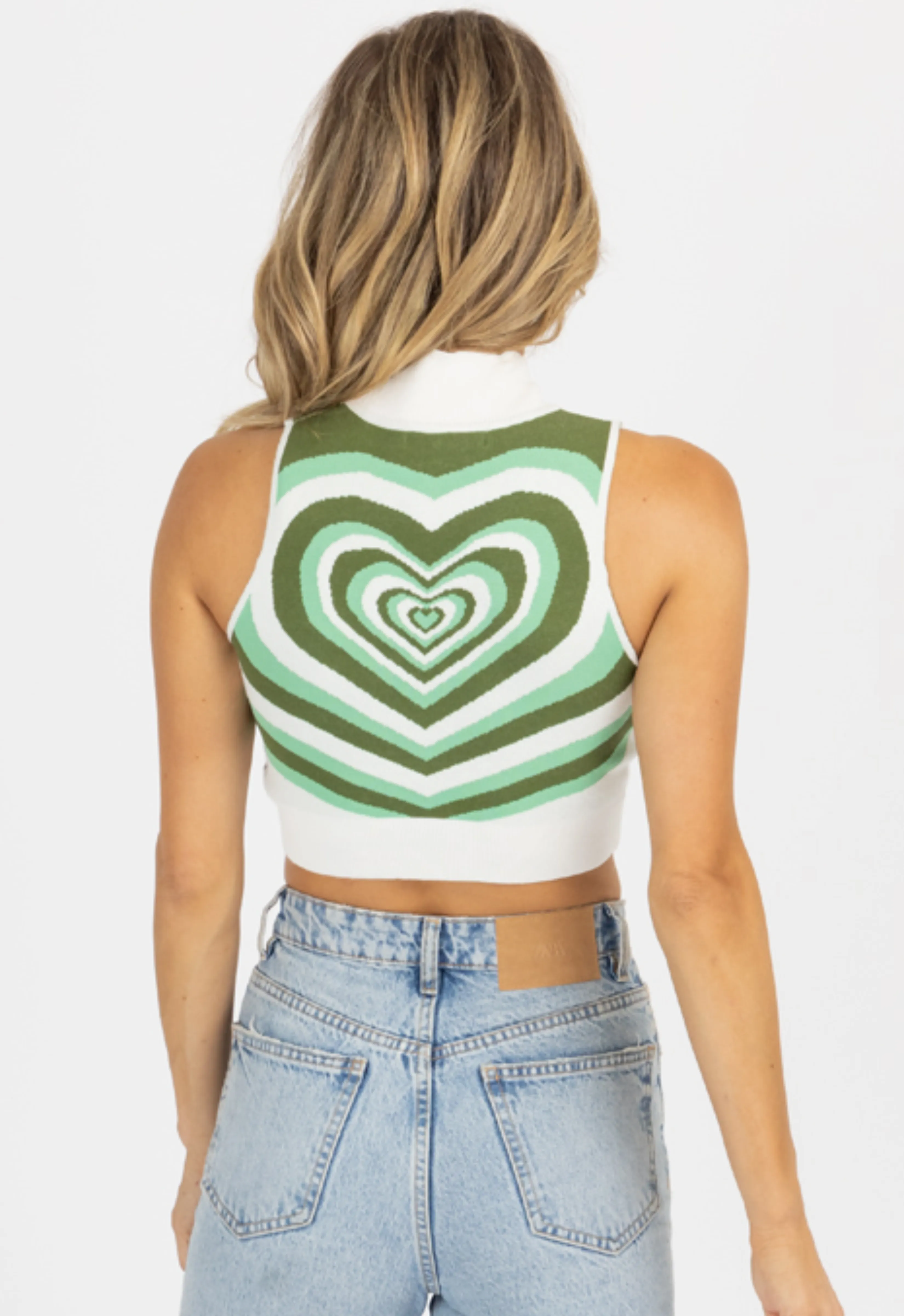 GREEN HEART MOCKNECK KNIT CROP TOP