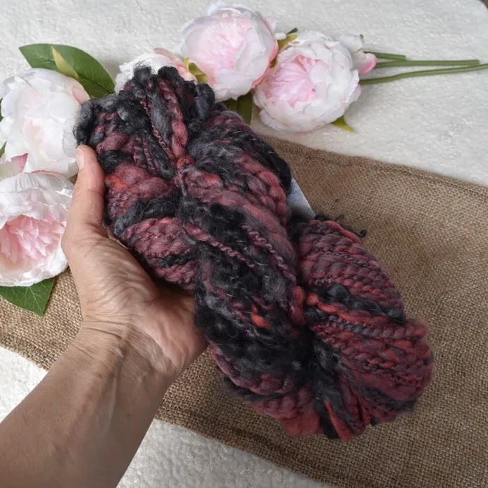 Hand Spun Tasmanian Merino Wool Chunky Art Yarn in Red and Black 12739