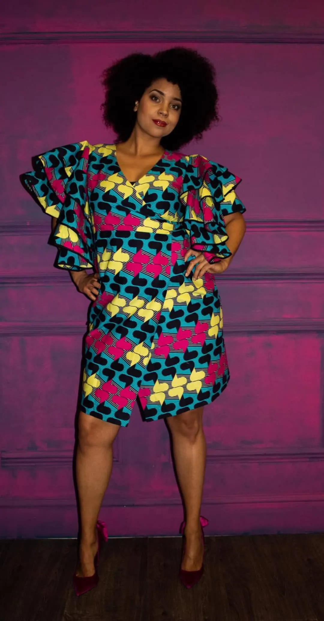 LAST ITEM - African Print Wrap Dress with Exaggerated Sleeves