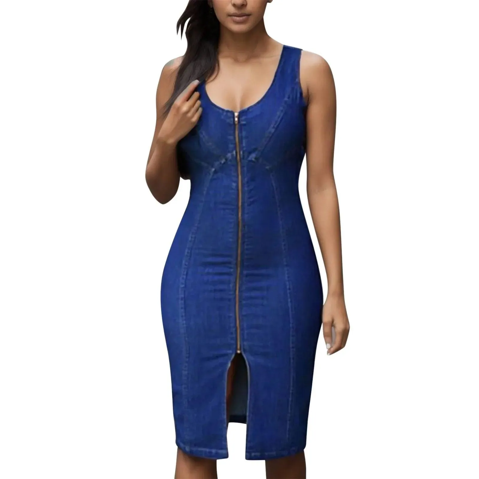 Women's Front Zipper Denim Dress European American Large Size Casual Tank Dress Bodycon Split Jeans Dress vestidos cortos
